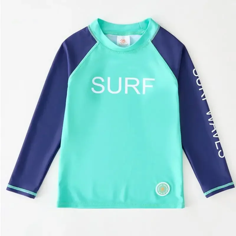 어린이 UPF 50+ 태양 보호 탑 소년 소녀 긴 소매 서핑 T 셔츠 여름 빠른 건조기 비치 수영복 수영복