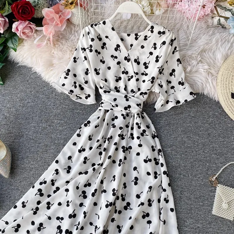 YuooMuoo Women Dress Fashion Vintage Ins Bandage Slim Waist A-line Long Dress Vacation Beach Summer Outfits Lady Robe Femme