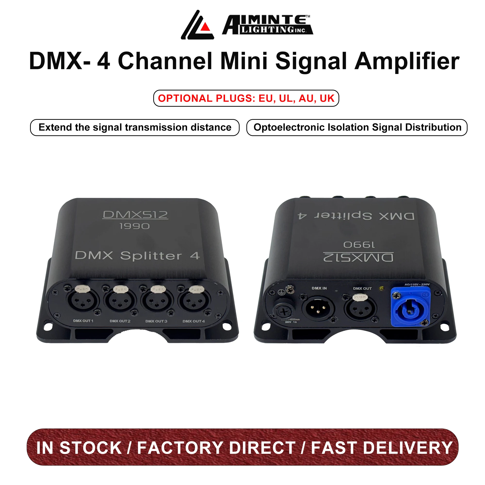 DMX512 4 Channel Isolated DMX Splitter - 4 Branch Universal Splitter Amplifier Distributor  Outputs for DMX Signals