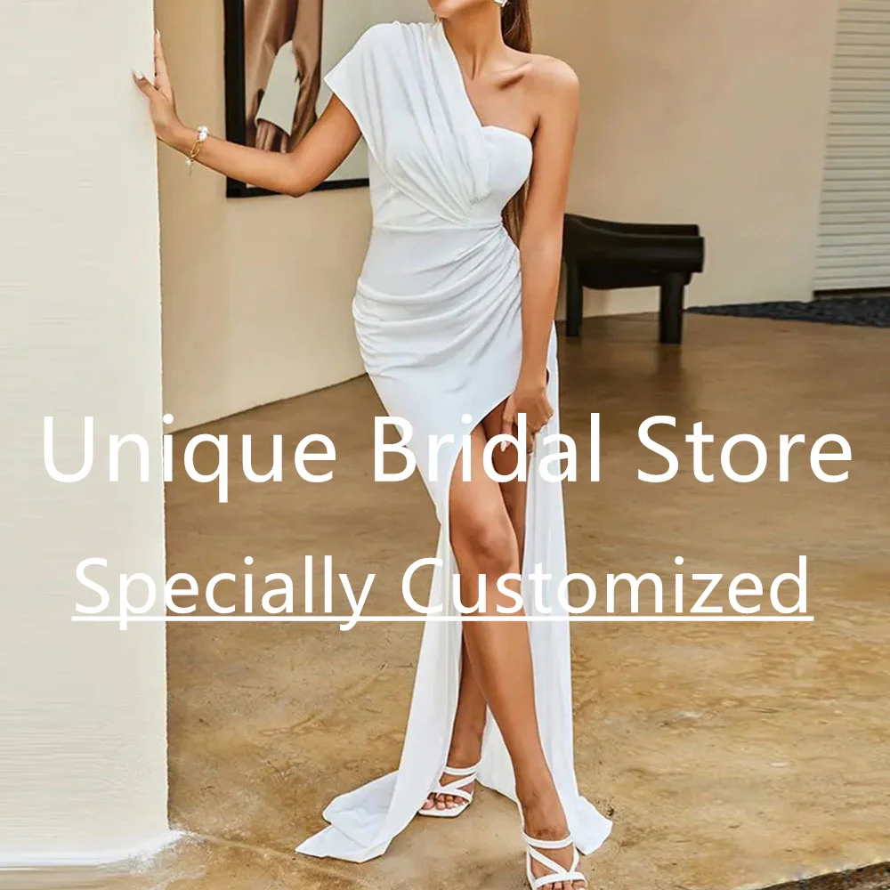 Customized Simple Jersey Wedding Dress One-Shoulder Side Zipper Draped Mermaid Bridal Gown Sleeveless Women's Brush Train Vestid