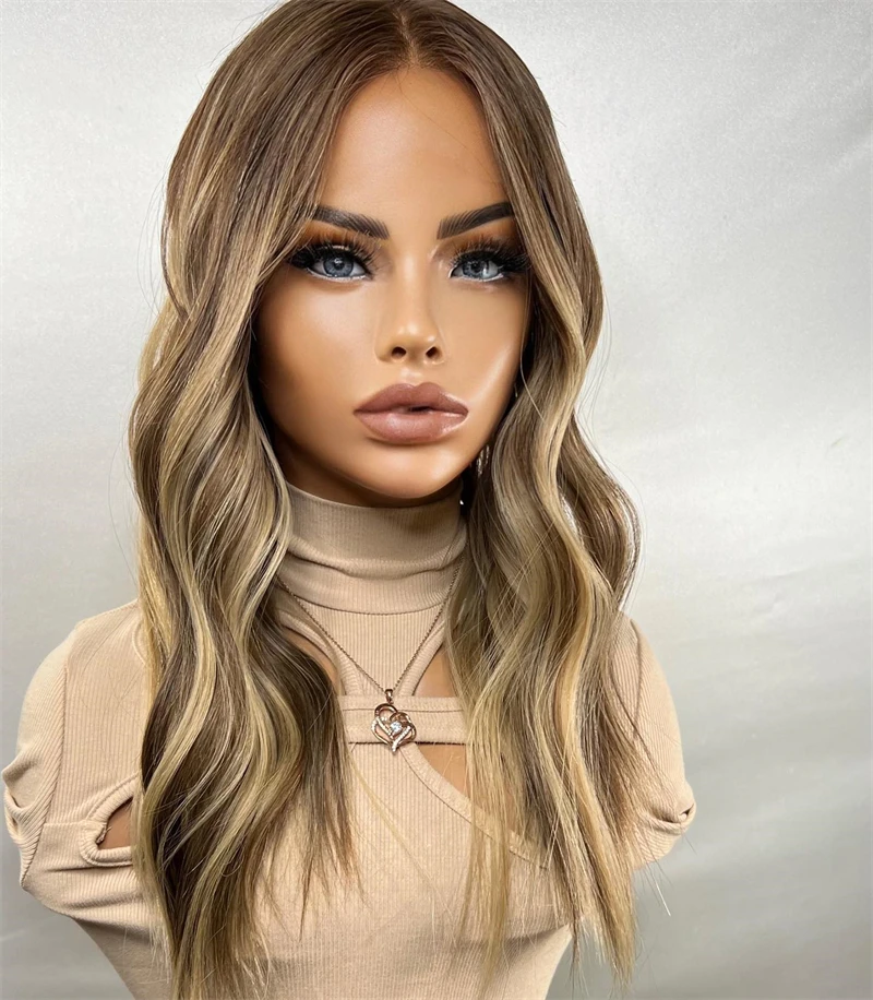 Small Large Cap Lace Frontal Wigs Caramel Brown Blonde Highlights Synthetic Wig Futura Glueless Party Cosplay Daily Wear Wavy