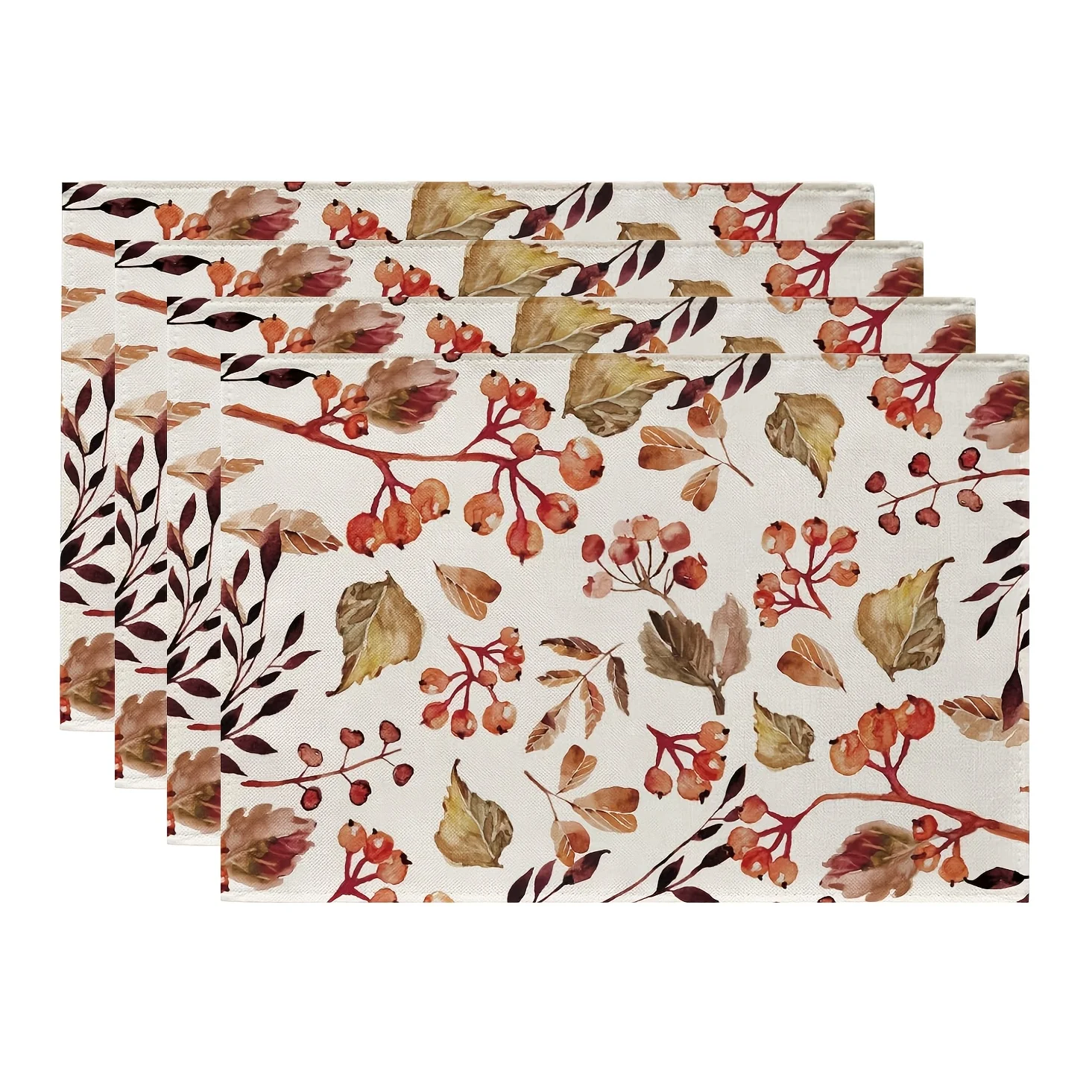 4/6/8pc Autumn Berry Leaf Placemats Linen For Fall Harvest Table Setting Rustic Pattern Table Cover