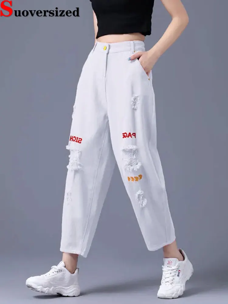 

Streetwear Frayed White Harem Jeans Ankle Length Casual Baggy Vaqueros Women Big Size 34 High Waist Denim Pants Trend Spodnies