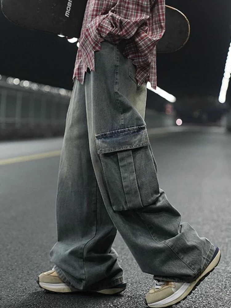 Jeans Men Multi-pocket Aesthetic Distressed High Street Trousers Denim All-match Simple Pure Color Spring Harajuku Clothing Male