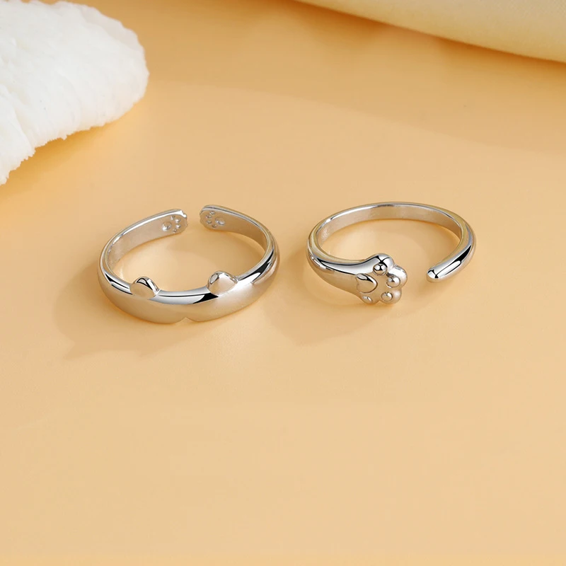 NEW European S925 Sterling Smooth Silver Cat Paw Print Couple Ring Adjustable For Women Men Birthday Party Wedding Gift Jewelry