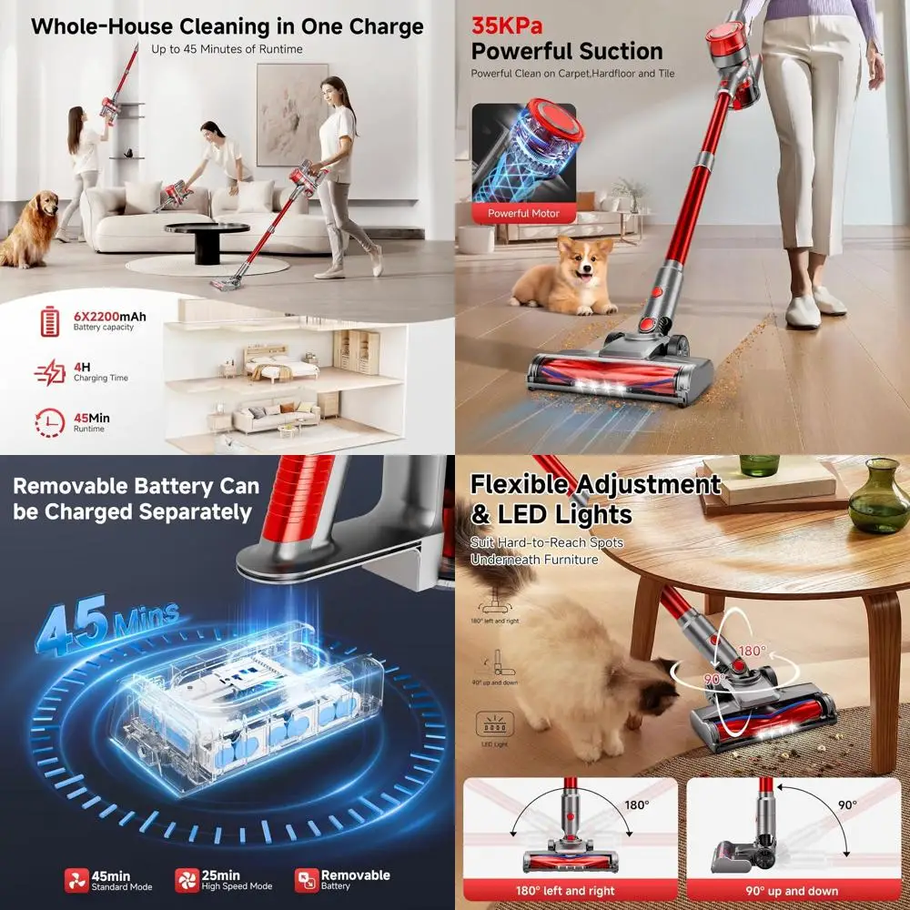 

45-Minute Cordless Stick Vacuum Cleaner, 35kPa Suction, LED Display, Anti-Tangle, Wall-Mountable, Ideal for Hard Floors, Carpets