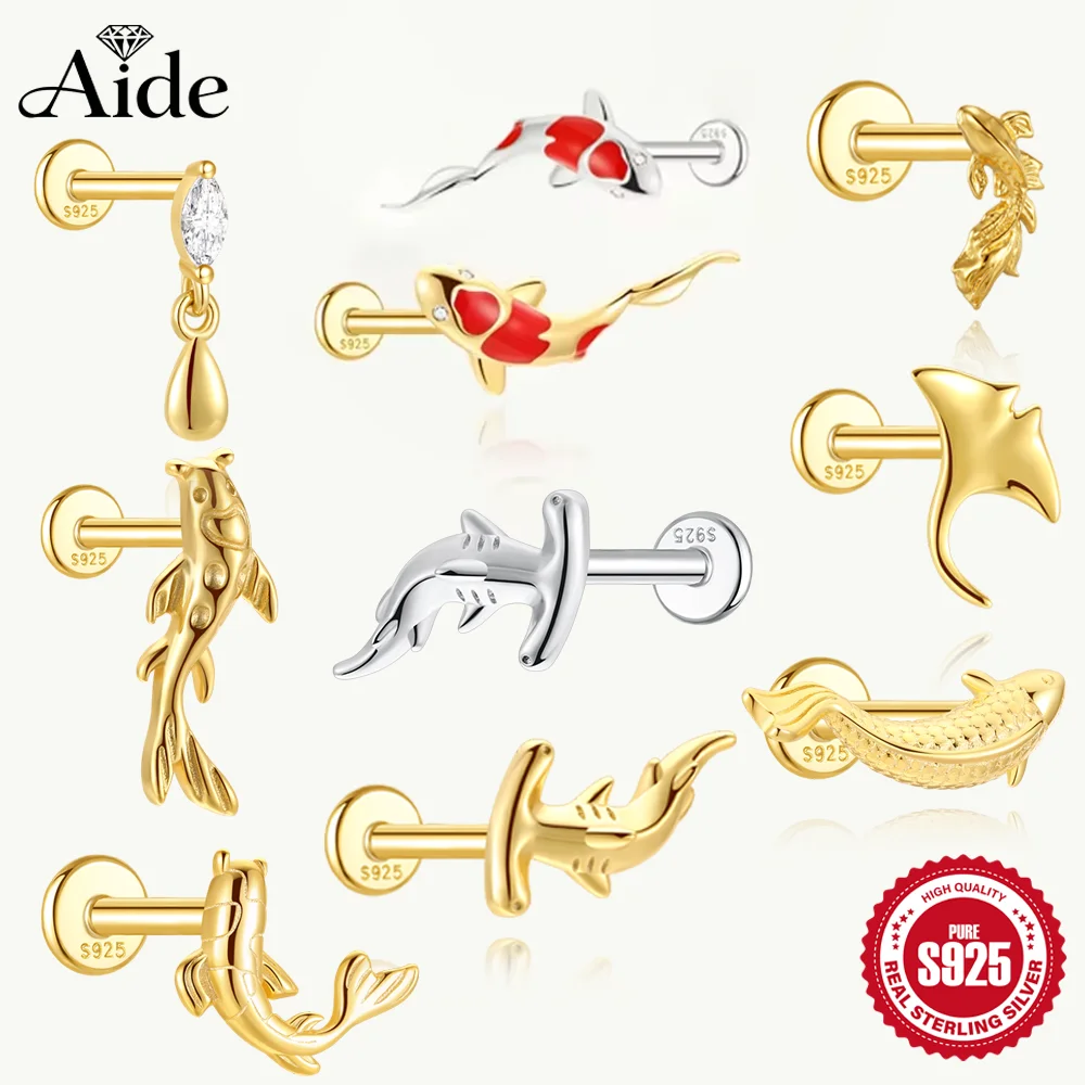 AIDE, 1 unidad, pendiente Piercing Koi rojo de la suerte de Plata de Ley 925 para mujer, cadena geométrica de circón, pendientes de hueso del oído, joyería fina