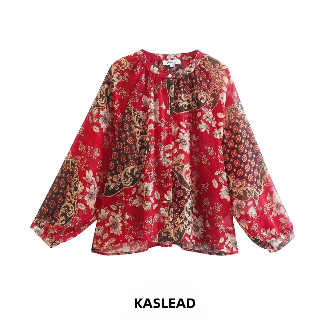 

KASLEAD Новая женская модная свободная универсальная рубашка с золотой нитью и принтом-водяным знаком, дышащая, из полиэфирного волокна, с длинным рукавом, круглым вырезом