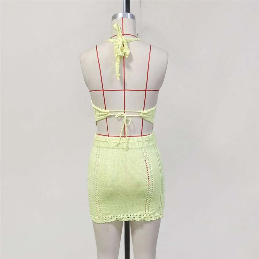 Halter V-Ausschnitt Häkel-Strick-Zweiteiler Tunika Strand-Überwurf Strandkleid Strandmode Damen V8239 – Detail 8