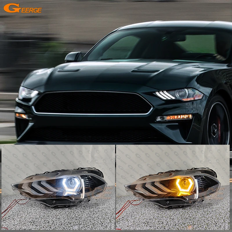 

For Ford Mustang 2018 2019 2020 2021 Ultra Bright Switchback Day Light Turn Signal Cotton Hex LED Angel Eyes Kit Halo Rings