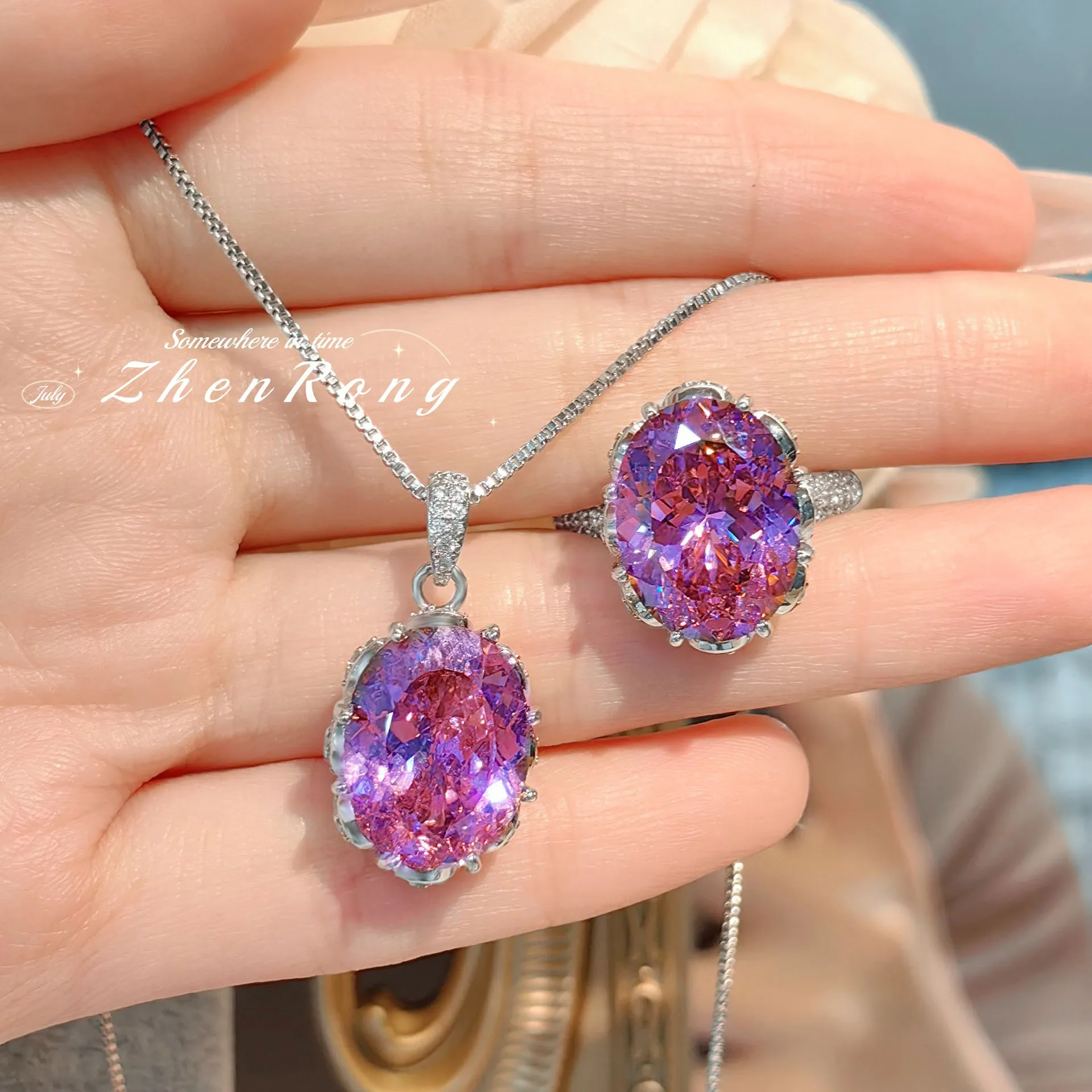 

Foydjew Luxury Fashion Ice Flower Cut Pink/Purple Cubic Zirconia Pendant Necklaces Silver Color Rings Jewelry Sets For Women