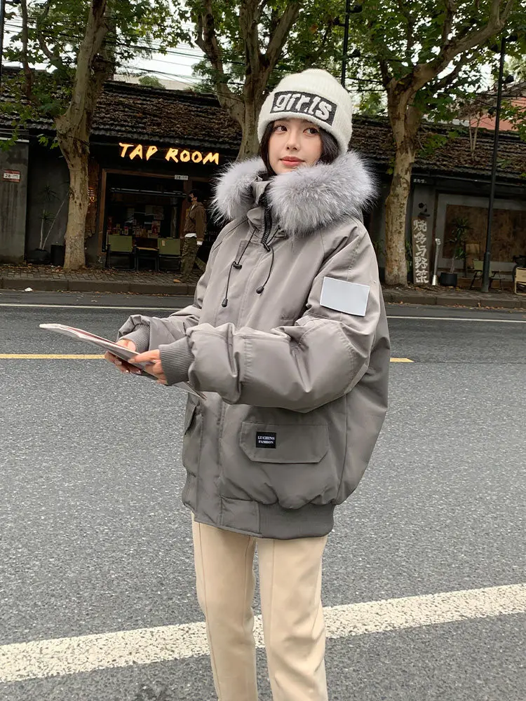 Down jacket women's winter coat American style ski suit couple retro faction overcomes warm white duck down with hooded