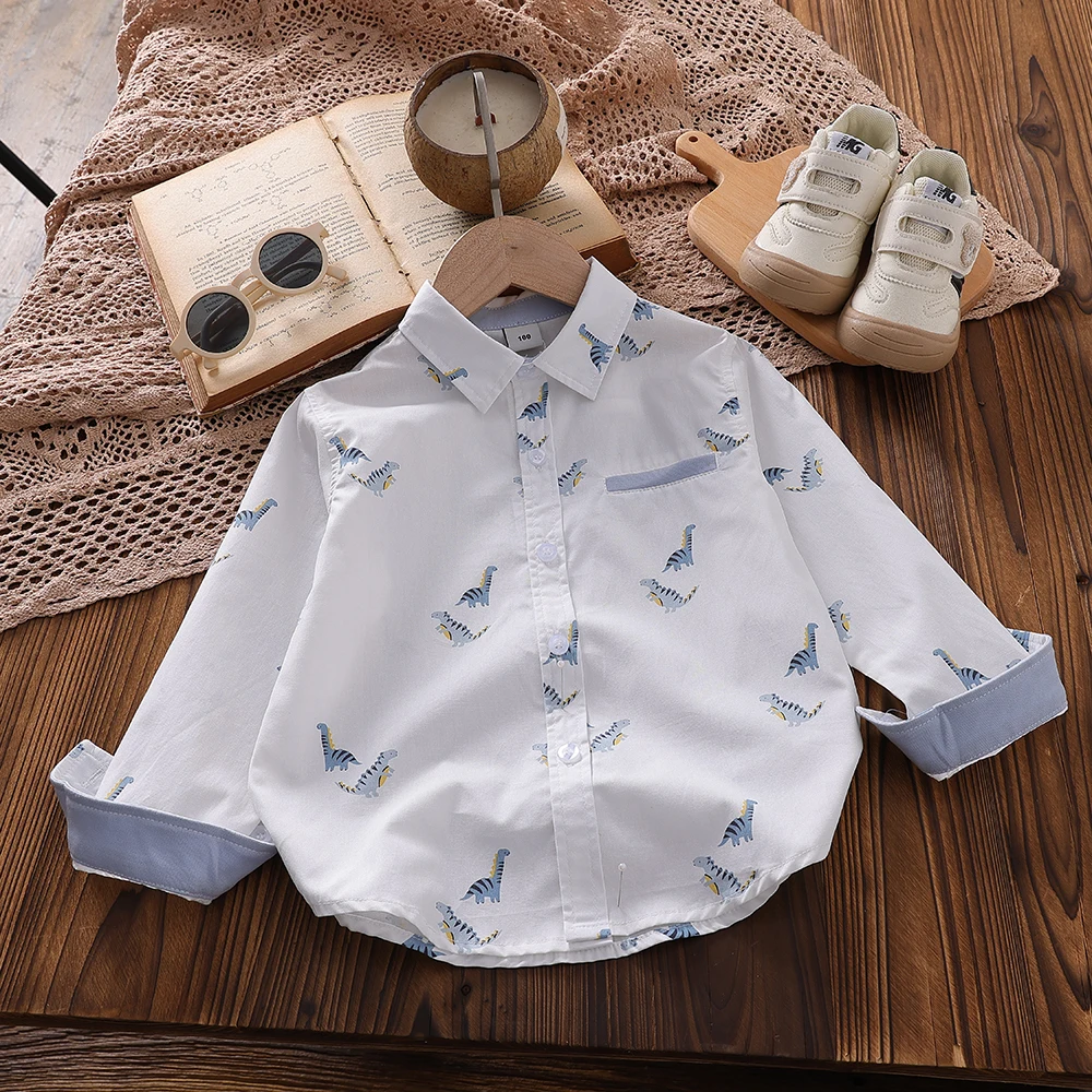 

Boys Clothes White Cotton Long Sleeve Dinosaur Patterned Shirt for Toddler Boys Casual Top for Kids Aged 3-6