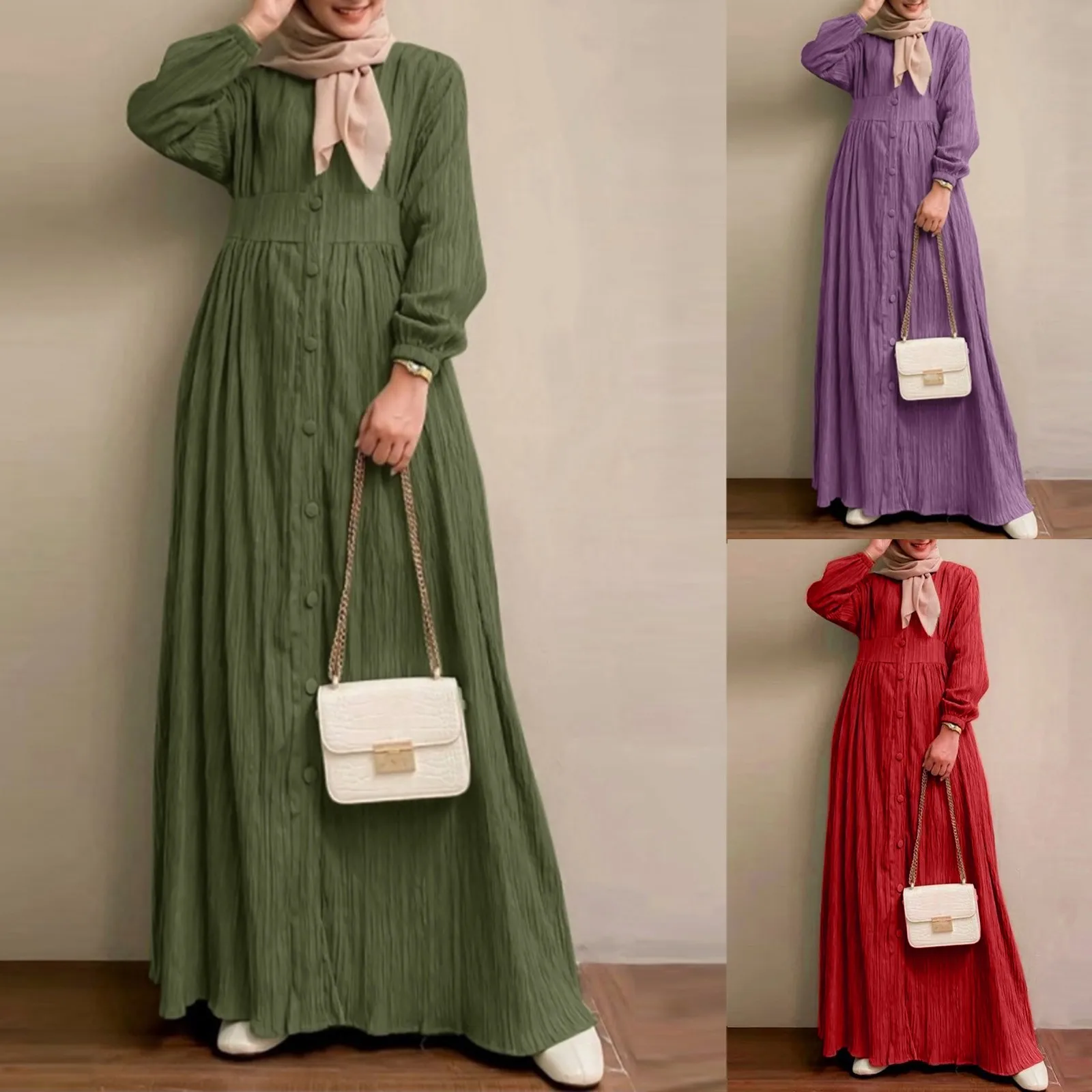 Abito lungo musulmano a maniche lunghe da donna 2024 Vintage elegante casual con bottoni prendisole Dubai abbigliamento islamico Abaya