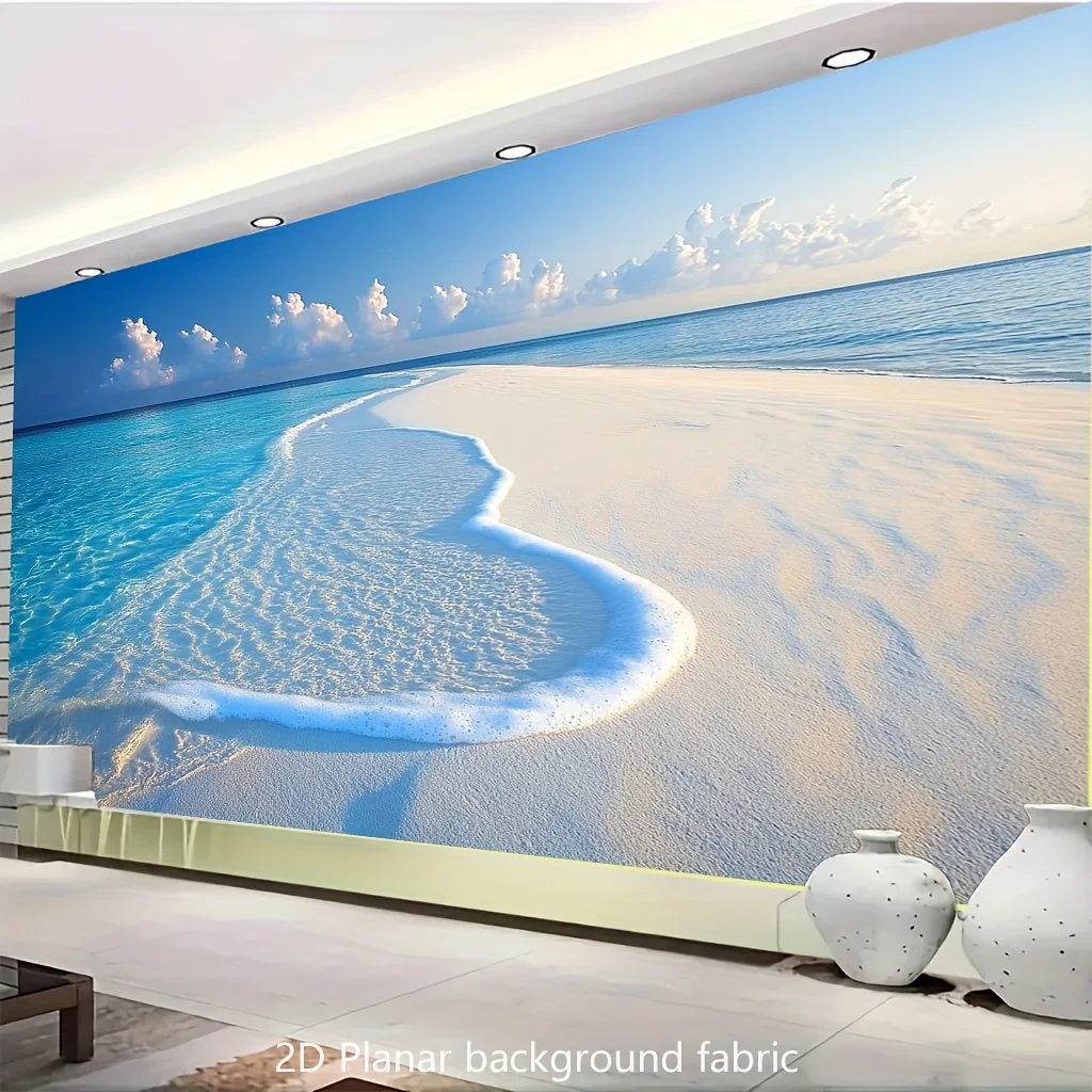 2D Flat, Summer 2D Flat Background Fabric - Vibrant Maldives Beach Tapestry with Turquoise Waters & Sandy Shoreline, Polyester
