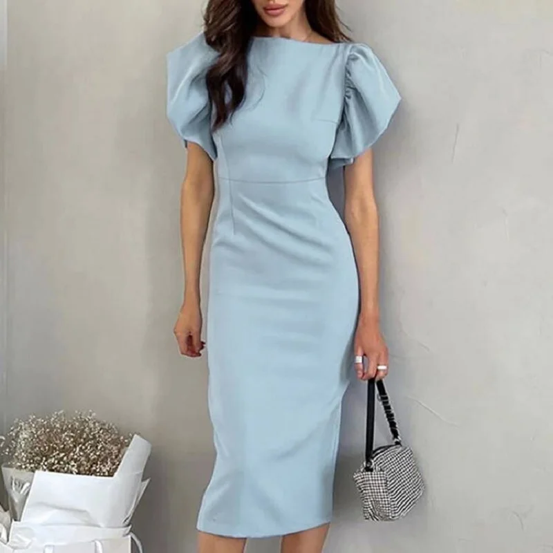 오피스룩 여성 우아한 O넥 슬릿 파티 드레스 봄 솔리드 슬림 바디콘 힙 드레스 여름 퍼프 반팔 미디 드레스 베스티도스