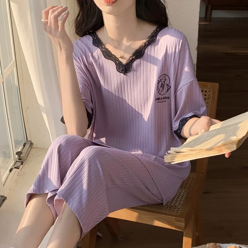 Women's Pajamas Set Short-sleeved Capri Pants Home Pijima Loose Two-piece Suit For Homewear Sleepwear V Neck Female Pyjamas