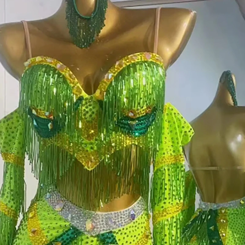 زي الرقص اللاتيني، ملابس نسائية من حجر الراين، ربط مخصص راقي، حمالة خضراء، فستان أداء السامبا