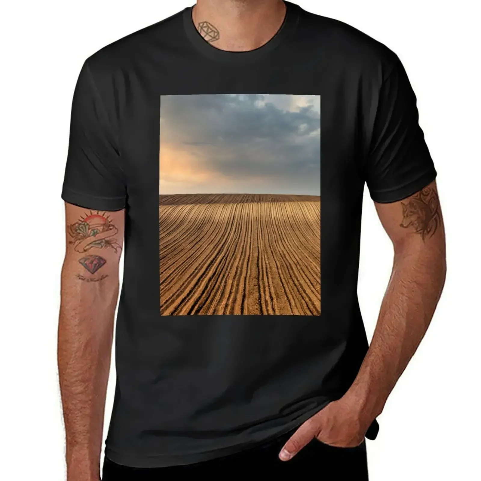 Plowed field and sunset sky landscape T-Shirt vintage clothes for a boy t shirt for men