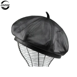 Women Beret Hat Vintage Red Womens Hats Genuine Leather Sheepskin Solid Autumn Winter Hat