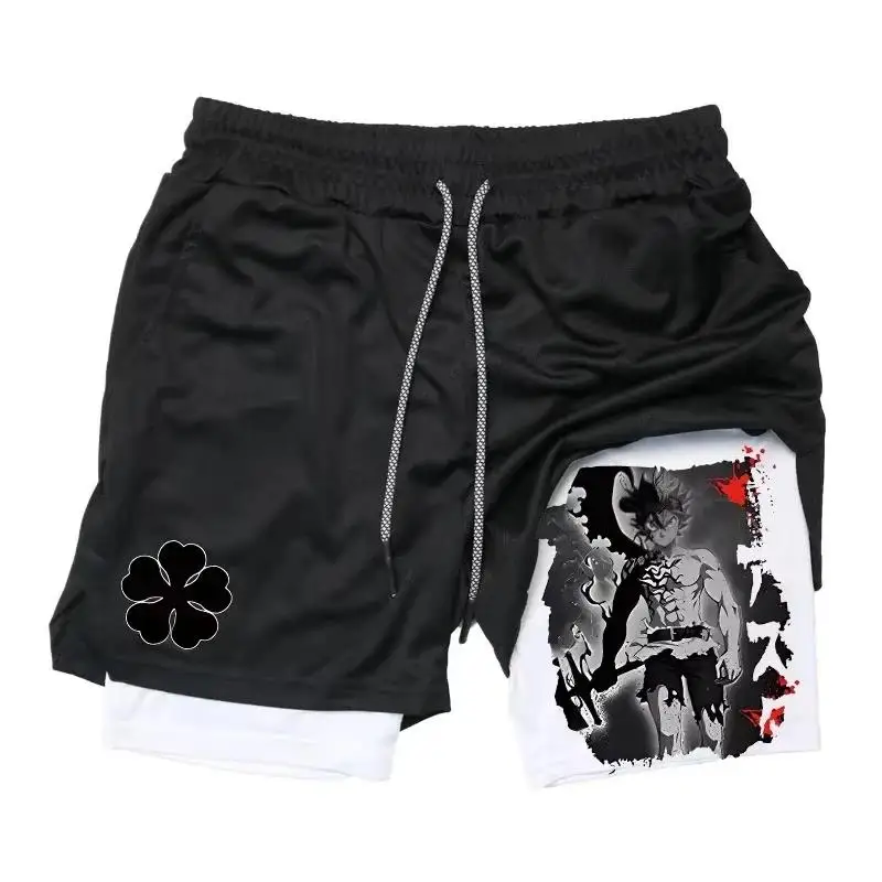

Summer Novelty Black Five-LeafClover Printed Shorts for Men and Women Loose Double Layer Sports Shorts Casual Fitness