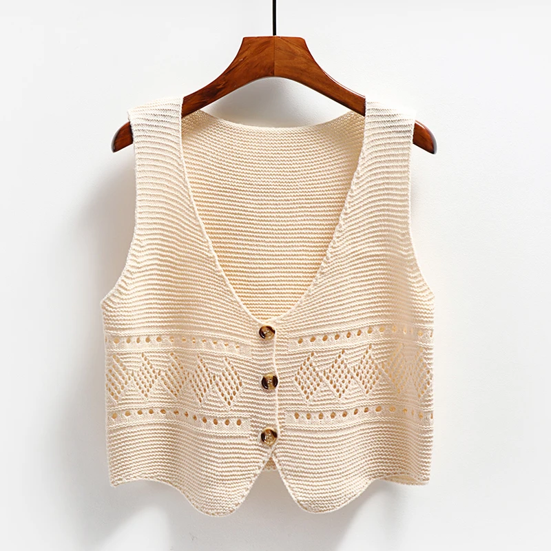 Korean V-neck Cardigan Sweater Vest Spring Autumn Sleeveless Knitted Coat Women\'s Summmer Hollow Out Loose Versatile Top