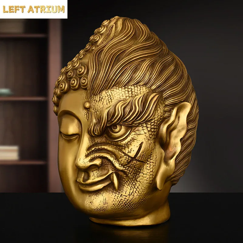 Bronze Buddha and Demon Figurine: A Moment's Thought Buddha Head Ornament for Living Room