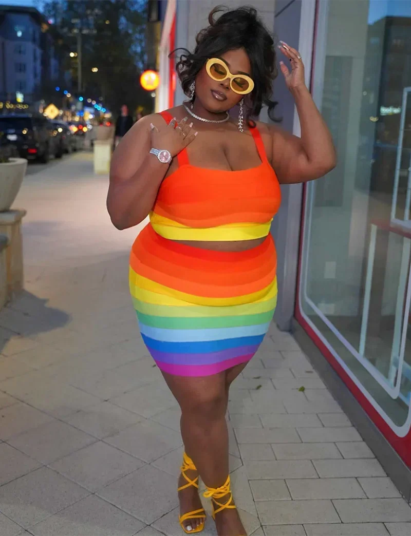 

KEXU Summer Women Plus Size Set Stripe Print Tanks Crop Tops Mini Skirts Two 2 Piece Sets Sexy Fashion Streetwear Outfit