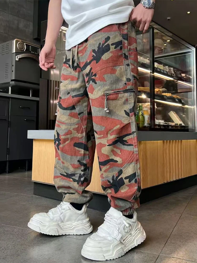 

American Retro Camouflage Jeans Men's Spring Autumn Fashion Handsome Zipper Cuffed Workwear Pants Youth Loose Fit Straight Leg