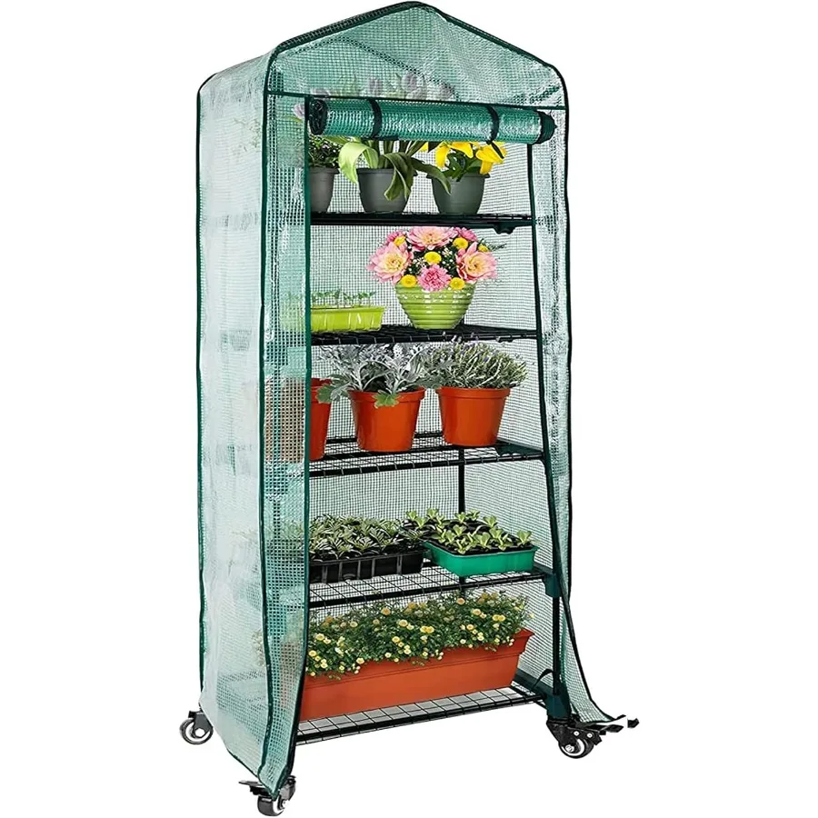 

Worth Garden 5 Tier Mini Greenhouse w/ Castors Wheels - Portable Small Gardening Green House w/ PE Cover - Upgraded Heavy Duty