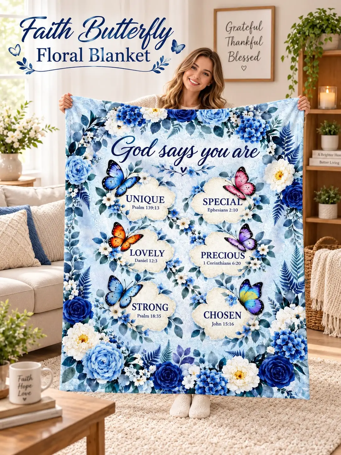 Christian Faith Flannel Blankets & Throws Butterflies Flowers Scripture Affirmations Illustration for Sofa Bed Couch Bedroom Living Room Reading Nook Office Dorm Nap Cabin Home Decor Gifts Women Family Christmas Thanksgiving Birthday Anniversary
