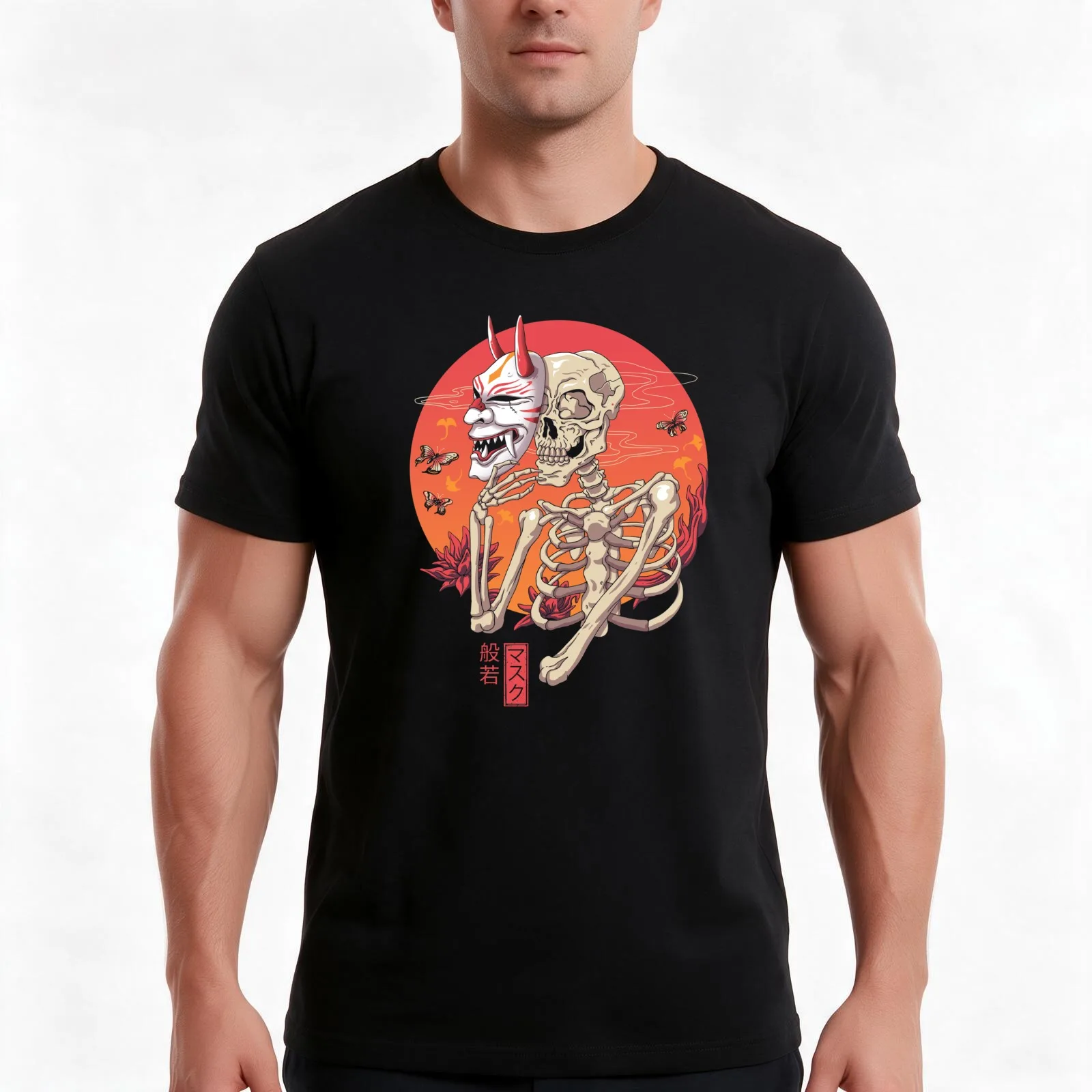Hannya Yokai Mask T-Shirt, Summer Casual Cotton Tee, Oversized Streetwear Tops, Vintage Graphic Print, Loose Fit Short Sleeve