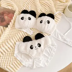 Sexy Young Girl Women's Cute Panda Underwear Set Sweet Lolita Bow Plush Trim Bra & Panties Sets Cotton Lingerie Set Push Up Bra