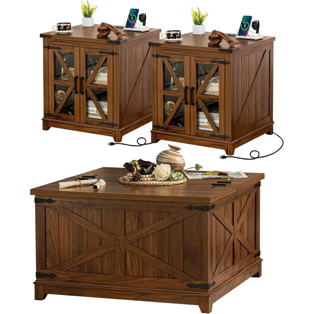 

3-Piece Coffee Table Set with Charging Station and Storage, Brown Wooden Furniture for Home or Office