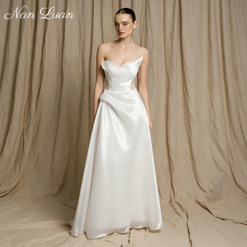 

26 Styles Corset Sheer Side Strapless Satin Bridal Gown Ruched Waist A Line Vestidos de Novia Customized