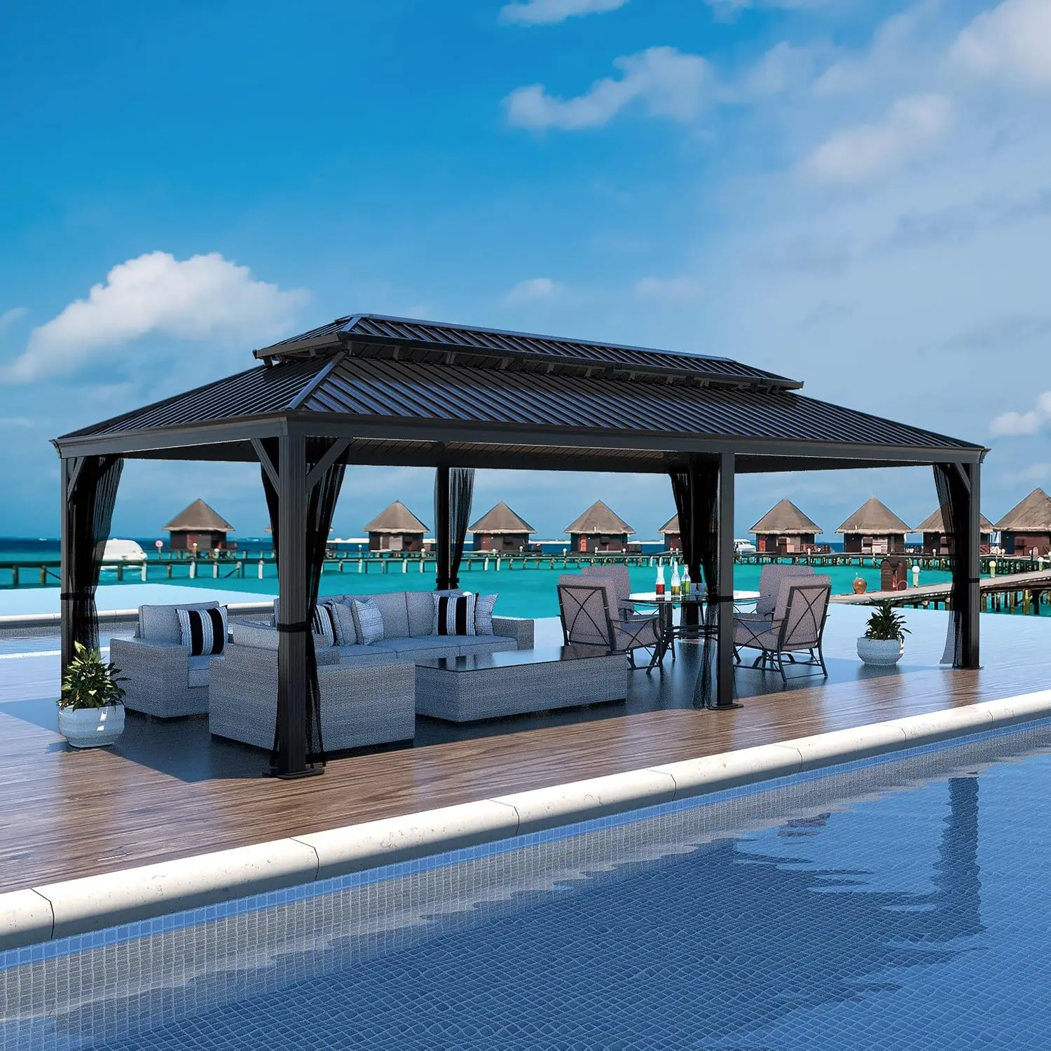 14x24 FT Hardtop Gazebo with Galvanized Steel Double Roof, Outdoor Metal Pergola with Aluminum Frame, Mosquito Netting & Drainag