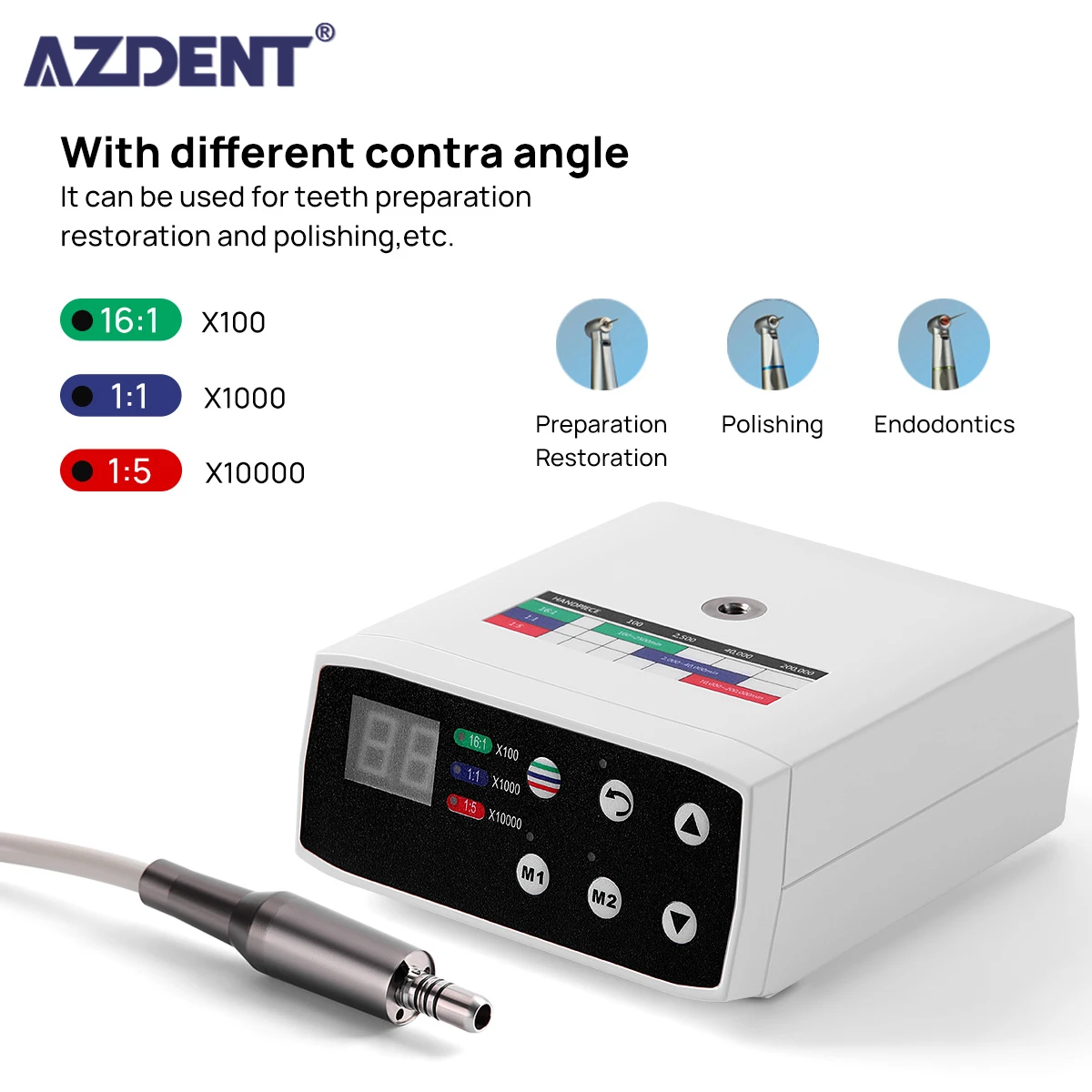 

AZDDENT Dental LED Brushless Electric Micro Motor 1:1/1:5/16:1 Internal Spray Max 40,000rpm Rotation Dentistry Instrument