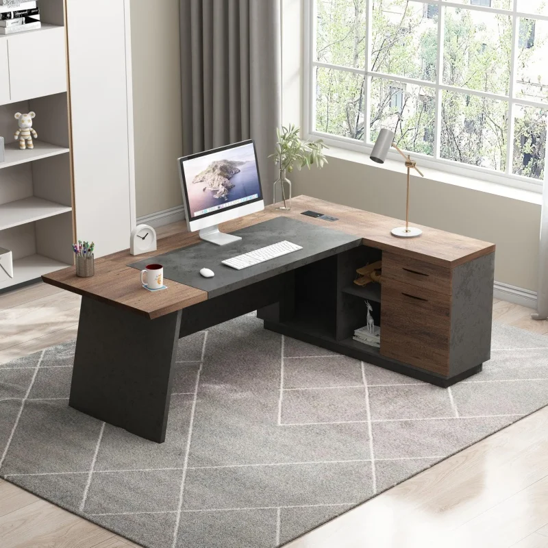 USA Warehouse Modern Computer Desk Set with Drawers Storage Shelves Business Workstation for Home Office