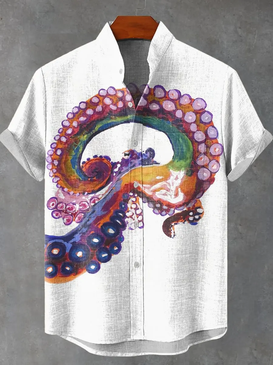 

Trendy art design 3D printing octopus pattern men's casual linen stand up collar front pocket comfortable plus size short sleeve