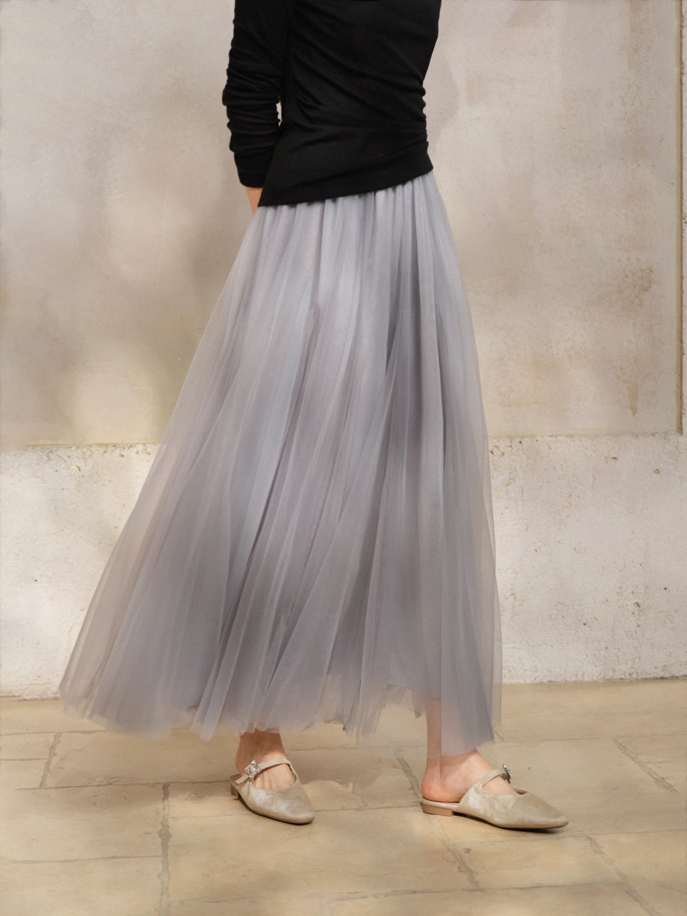 Falda elegante de malla de cintura alta, falda larga de tul Vintage para mujer, falda larga acampanada de otoño para aspecto informal diario o de fiesta