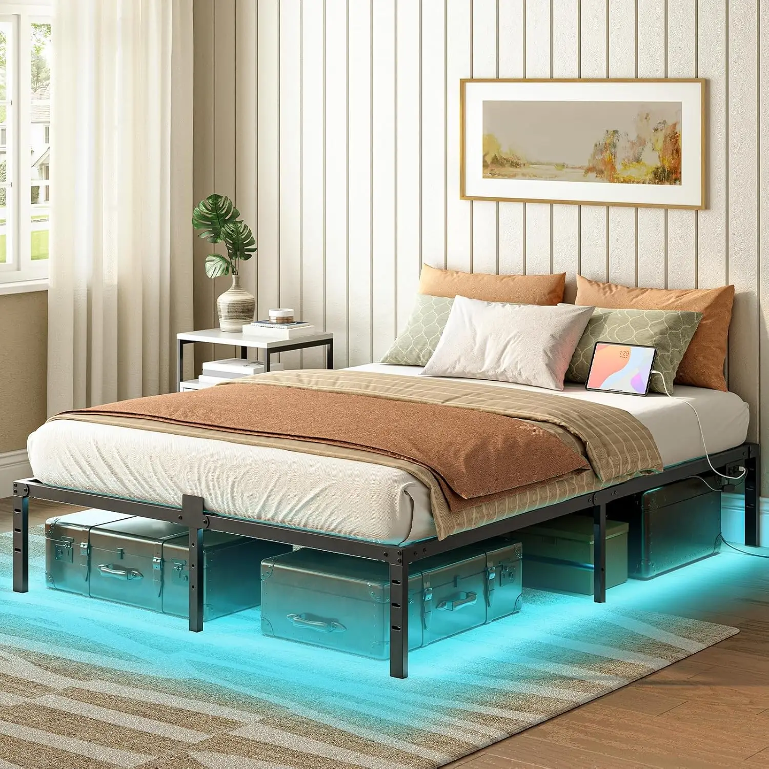 HOOBRO Queen Bed Frame with LED Lights, Metal Platform Bed Frame with Charging Station, 2 Outlets and 2 USB Ports, Black