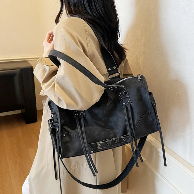 Y2K motorcycle bag for women luxury brand large capacity tote bag high quality PU leather handbag single price bag and wallet
