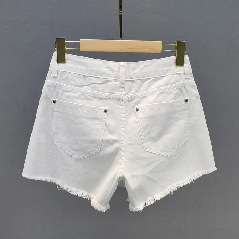 White hole smiling face denim shorts female 2024 summer new high waist loose slim five-pointed star raw edge denim shorts female