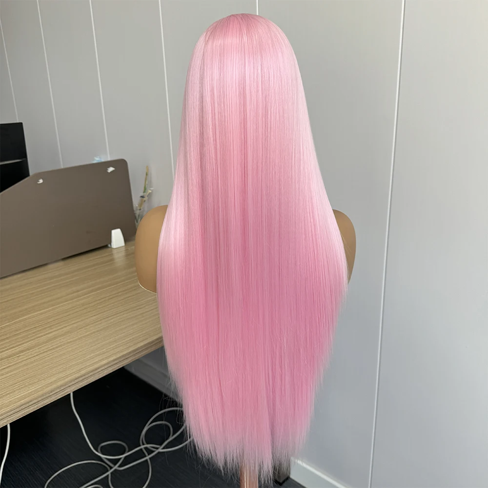 Pastel Pink Straight Synthetic Lace Wig Long Silk Straight Wig Frontal Lace Wigs for Women Cosplay Ready to Wear Light Pink Wig