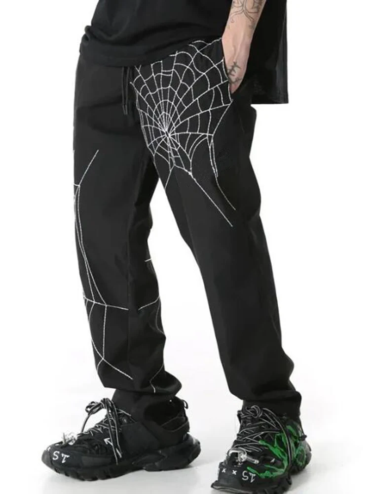Pantalones bombachos sueltos con bordado de araña para hombre, ropa de calle retro oscura, hip-hop, informal, moda de verano