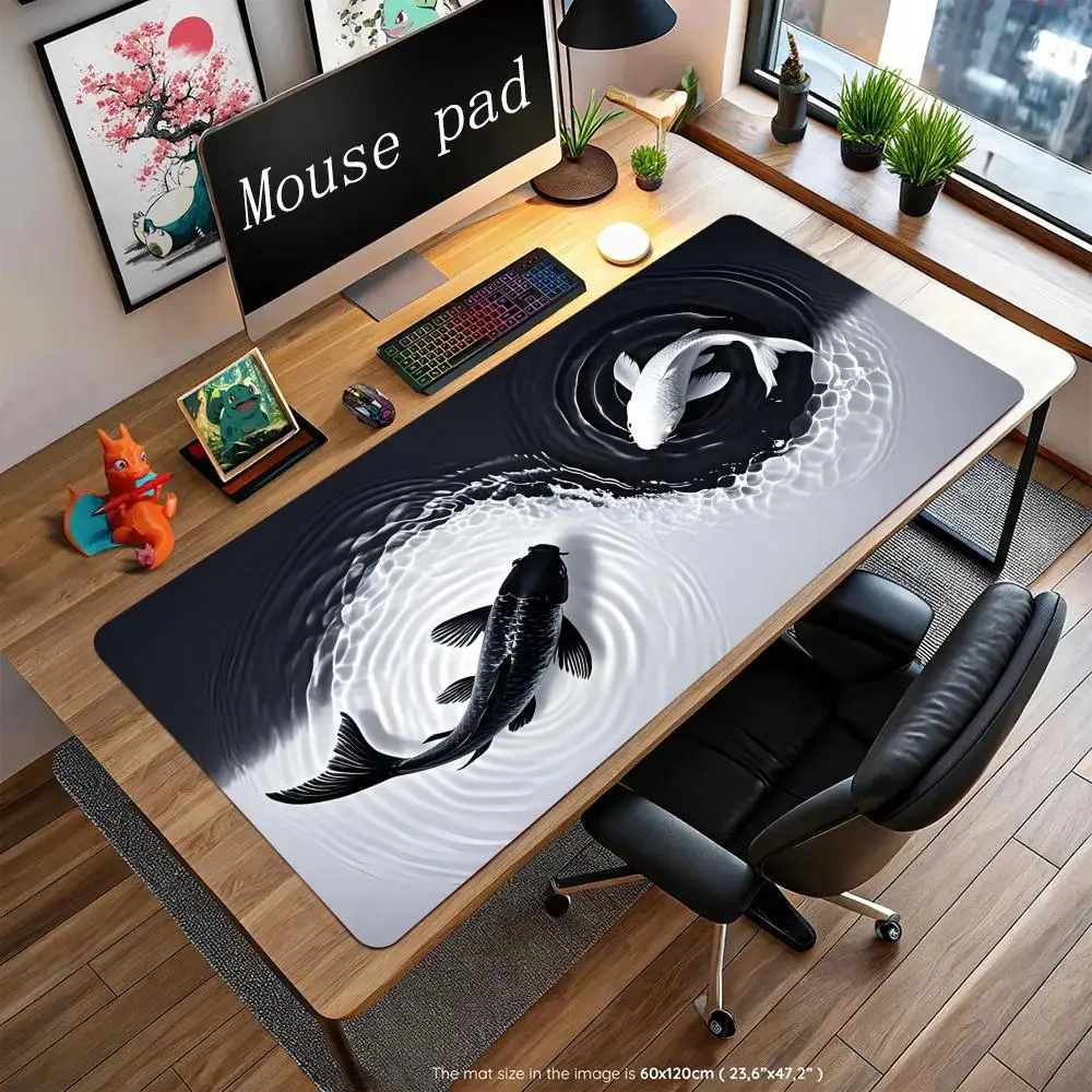 Japanese Desk Mat Black & White Mouse Pad Koi Fish Japan Art Seal Yin-yang fish Large Gaming Deskmat Rubber Mousepad 60x120cm
