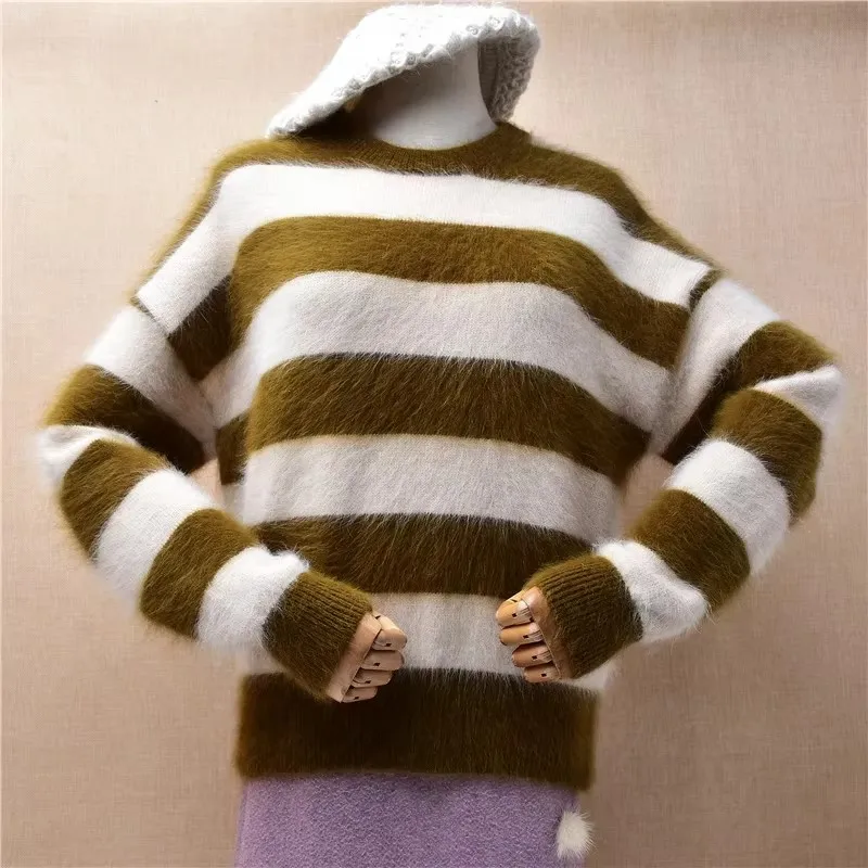 Vrouwelijke Vrouwen Herfst Winter Kleding Mode Angora Konijn Haar Gebreide Gebonden Lange Mouwen O-hals Losse Trui Jumper Pull