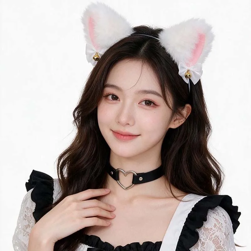 Plush Cat Ears Headband With Bells Bowknot Heart Choker Necklace Setfor Halloween Cosplay Party Lolita Costume Accessories