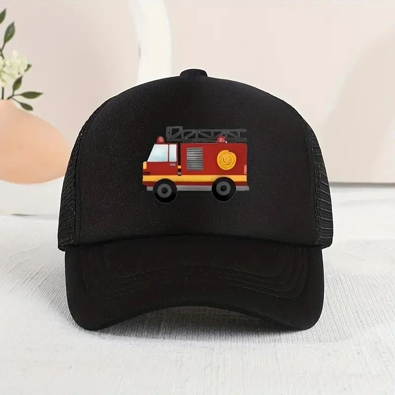 Casual Trendy Fire Truck Mesh Stitching Cap, Sun Protection Comfortable Breathable Cap For Summer Holiday Outdoor Traveling Boys