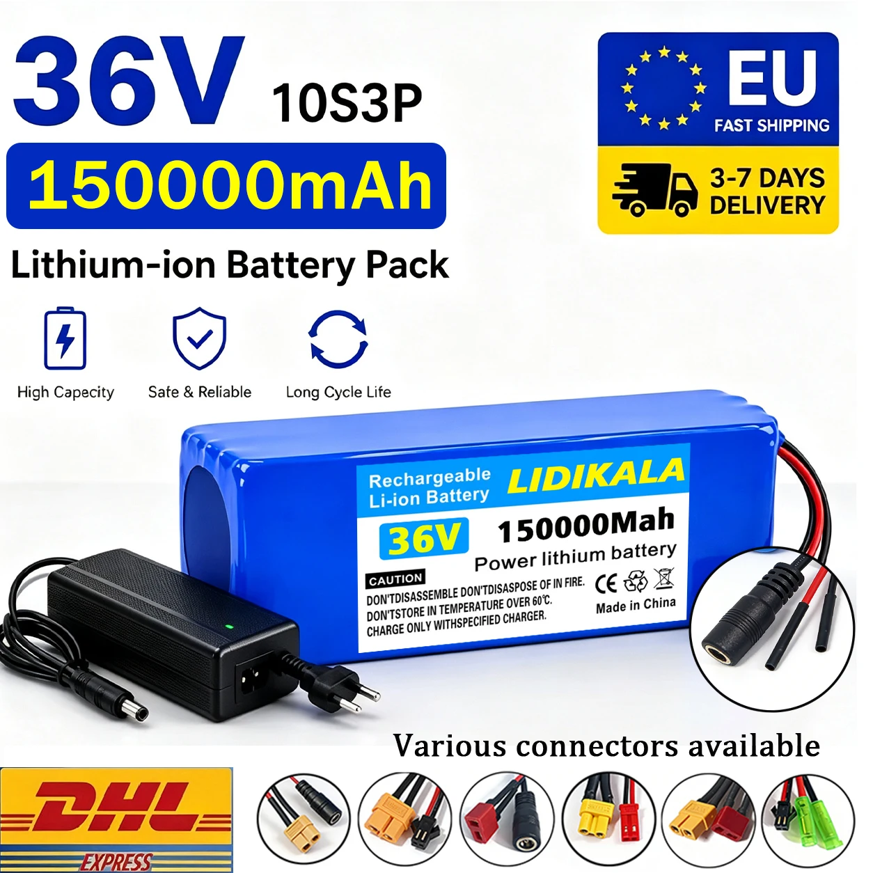 36V, 100Ah, 10S3P mit BMS-Schutzplatine, 18650 Lithium-Ionen-Akkupack, 42V-2A Ladegerät, geeignet für Motorräder, Fahrräder und Roller.